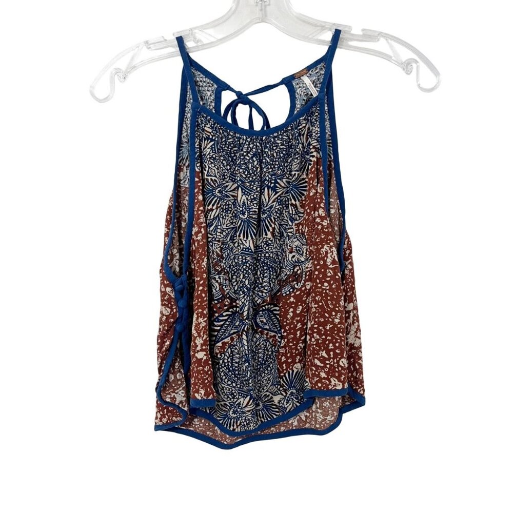 Free People Break Free Blue & Brown Printed Tank Top Boho Indie - Size Small